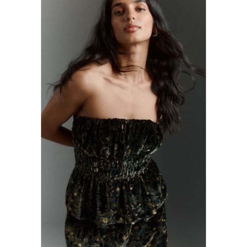 Anthropologie Somerset Strapless Blouse Green Floral SZ XS NWT Boho Spring
